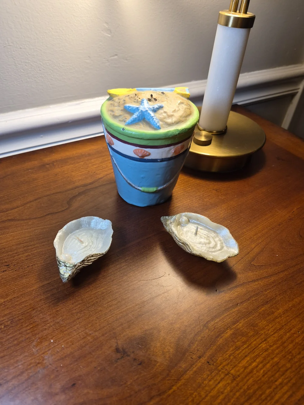 Coastal Starfish Candle Jar in Blue, Green and Yellow And Two Oysters